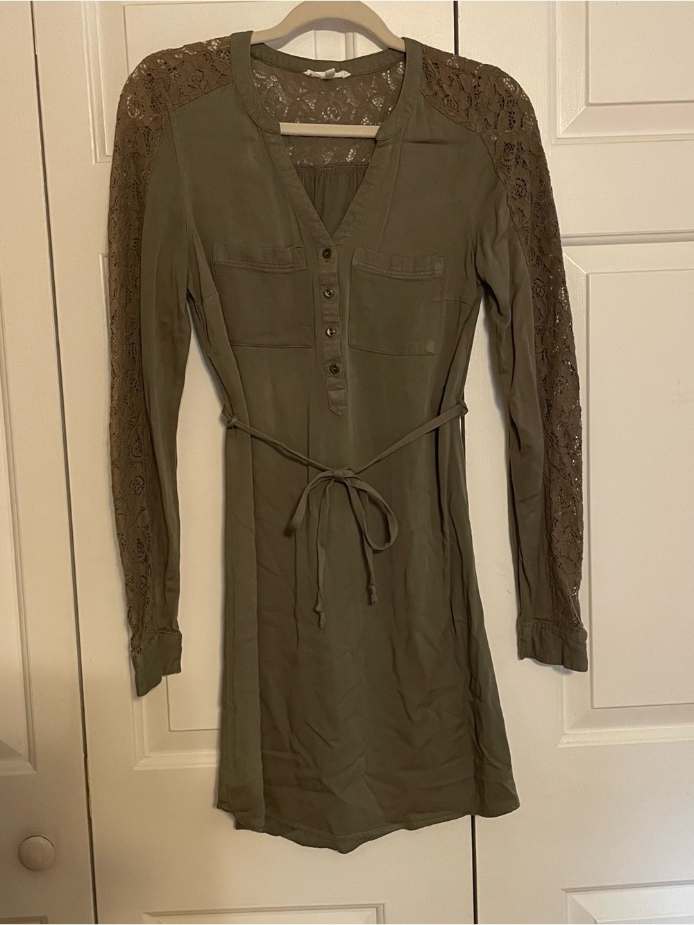 Olive Lace-Sleeve Shirt Dress with Tie Waist